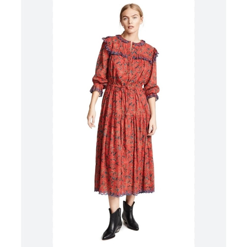 Isabel Marant Etoile Elina Floral Tiered Ruffle‎ Cinched Waist Midi Dress Red 12